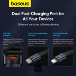 ⁦Baseus Car Charger USB-A Port + Type-C & Lightning Retractable Cable 60W Enjoyment Pro Series - Black⁩ - الصورة ⁦6⁩